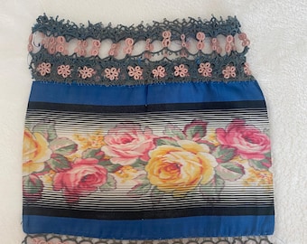 Antique Blue Roses Ombre Silk Drawstring Bag, Edwardian Era