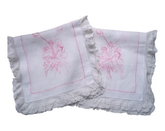 Two (2) Pink Embroidered on White Linen Dresser Scarves, 1910-1920,