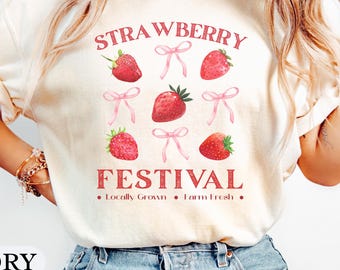 Coquette Strawberry Festival and Coquette Bows Summer Tee, Farm Fresh Cottagecore T-shirt Summer Strawberry Tee, Vintage Summer Fruit Shirt
