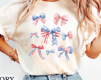 Coquette 4th of July Bow T-shirt, Comfort Colors Patriotic Bow Shirt, USA Flag Bows, Independence Day Tee, 4th of July Gift, USA Patriotic