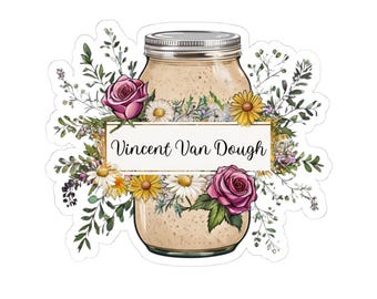 May include: A mason jar filled with a creamy substance, surrounded by a floral arrangement of pink and yellow flowers. The jar has a gold label with the text "Vincent Van Dough".
