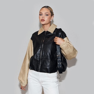 Veste en cuir vintage vintage vieilli surdimensionnée faite à la main des années 90 pour femme, veste en cuir véritable, blouson aviateur en cuir véritable pour femme, cadeau