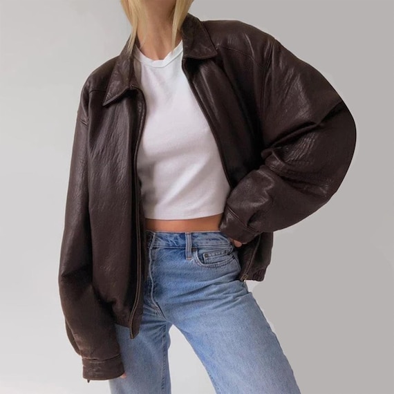 1980s Oversized Brown Distressed Real Lambskin Leather