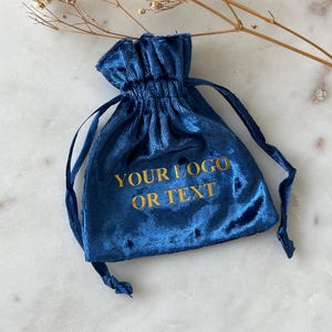 50 pcs Custom Logo Velvet Pouches, 4x5 inch Blue Drawstring Pouches , Custom Text Gift Bags, Blue Velvet Drawstring Bag