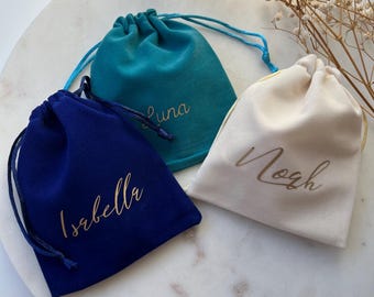 Personalized Name Drawstring Bag, Named Velvet Pouch, Custom Pull String Bag, Coin Pouch,  Personalized Jewelry Bags, Crystal Pouch