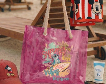 Personalized Stitch Clear Beach Tote Bag, Custom Name Summer Vibes Pool Bag, Cute Stitch Vacation Tote, Girls Beach Trip Gift