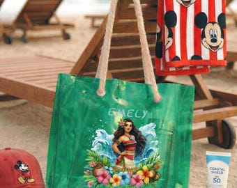 Custom Beach Tote Bag with Name, Moana Vacation Tote, Personalized Summer Pool Bag, Transparent Beach Bag, Girls Travel Tote Gift