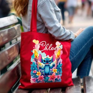 Cute Disney Stitch Tote with Name, Personalized Disney Trip Tote Bag, Custom Canvas Bag, Daily Shoulder Tote, Unique Disney Bag for Her