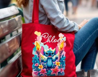 Cute Disney Stitch Tote with Name, Personalized Disney Trip Tote Bag, Custom Canvas Bag, Daily Shoulder Tote, Unique Disney Bag for Her