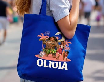 Personalized Moana Tote Bag, Custom Name Disney Princess Beach Bag, Maui Canvas Tote, Cute Disney Totes with Zipper, Gift for Her Cotton Bag