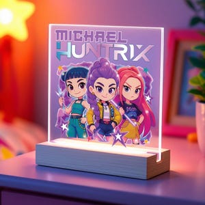 Huntrix Hunters Acrylic LED Lamp, Custom Name Night Light, Neon Kpop Fan Room Decor, Personalized Gift. Kawaii Gift for Her, Wood Base Light