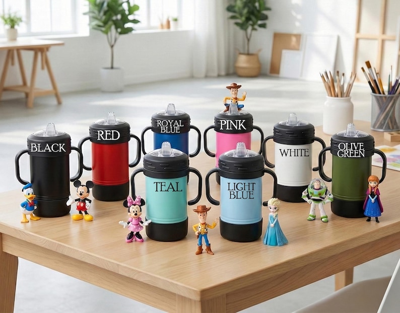 Puede incluir: Una colecci&oacute;n de vasos con boquilla aislados de colores en negro, rojo, azul real, rosa, blanco, verde oliva, turquesa y azul claro. Cada vaso tiene un asa negra y una figura de personaje.