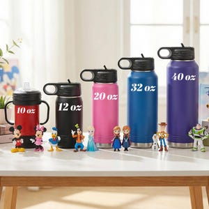 Puede incluir: Una colecci&oacute;n de botellas de agua aisladas en varios tama&ntilde;os: 295 ml, 355 ml, 591 ml, 946 ml y 1183 ml. Cada botella tiene una tapa negra con asa. Las botellas son rojas, negras, rosas, azules y moradas. Figuras de personajes de Disney al frente.