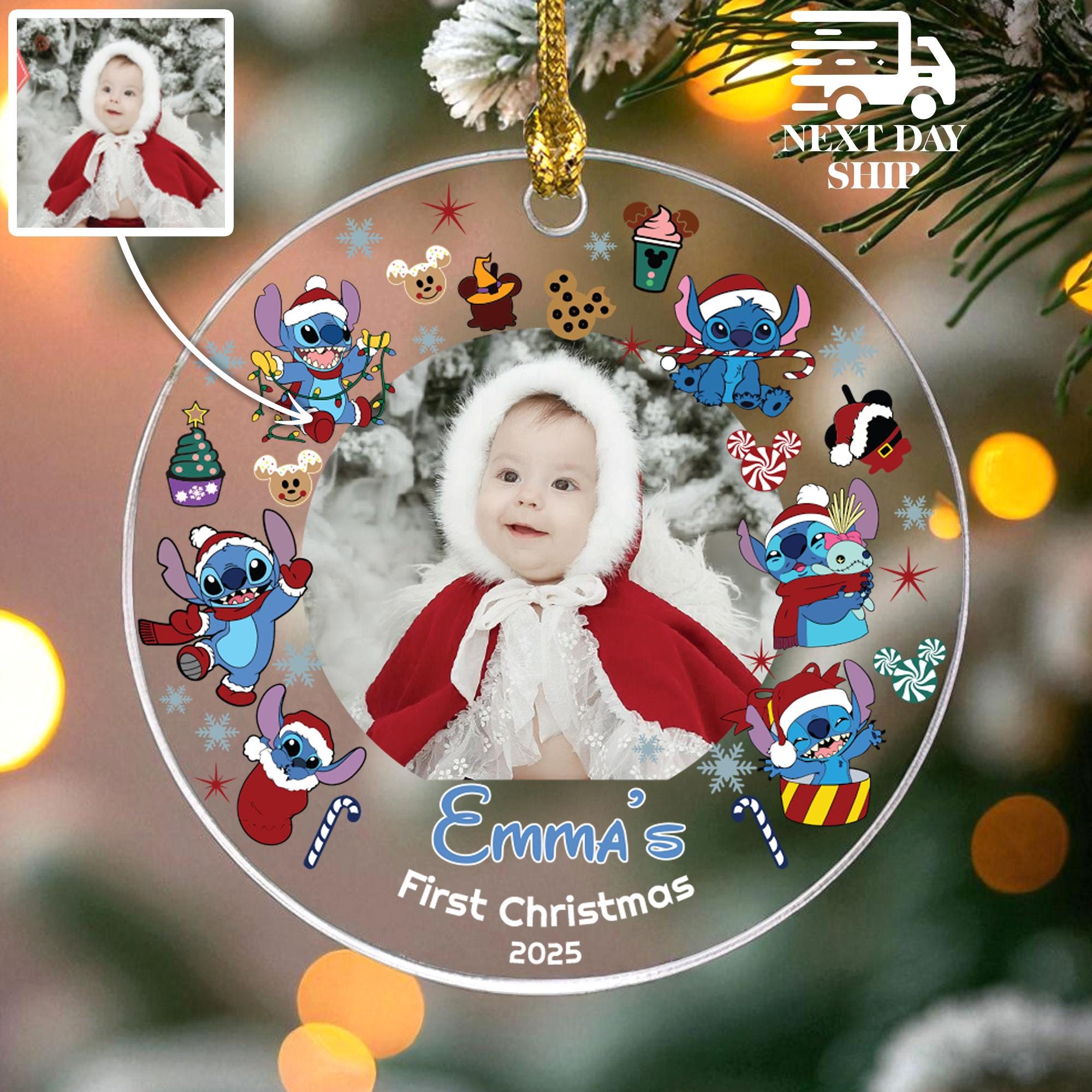Custom Photo And Name Baby’s First Christmas Ornament, Gift for New Parents, Cute Gift For Newborn And Kids, Stitch Holiday Keepsake