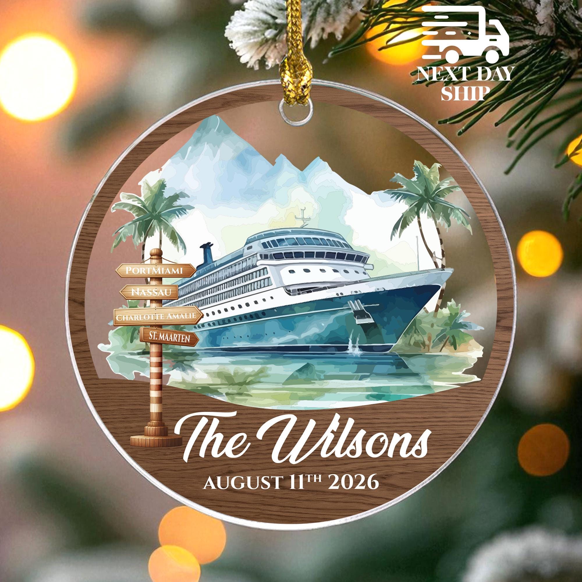 Personalized Cruise Ship Ornament, Custom Family Cruise Christmas Ornament, Cruise Vacation Gift, Caribbean Trip Gift, Port Stops Ornament