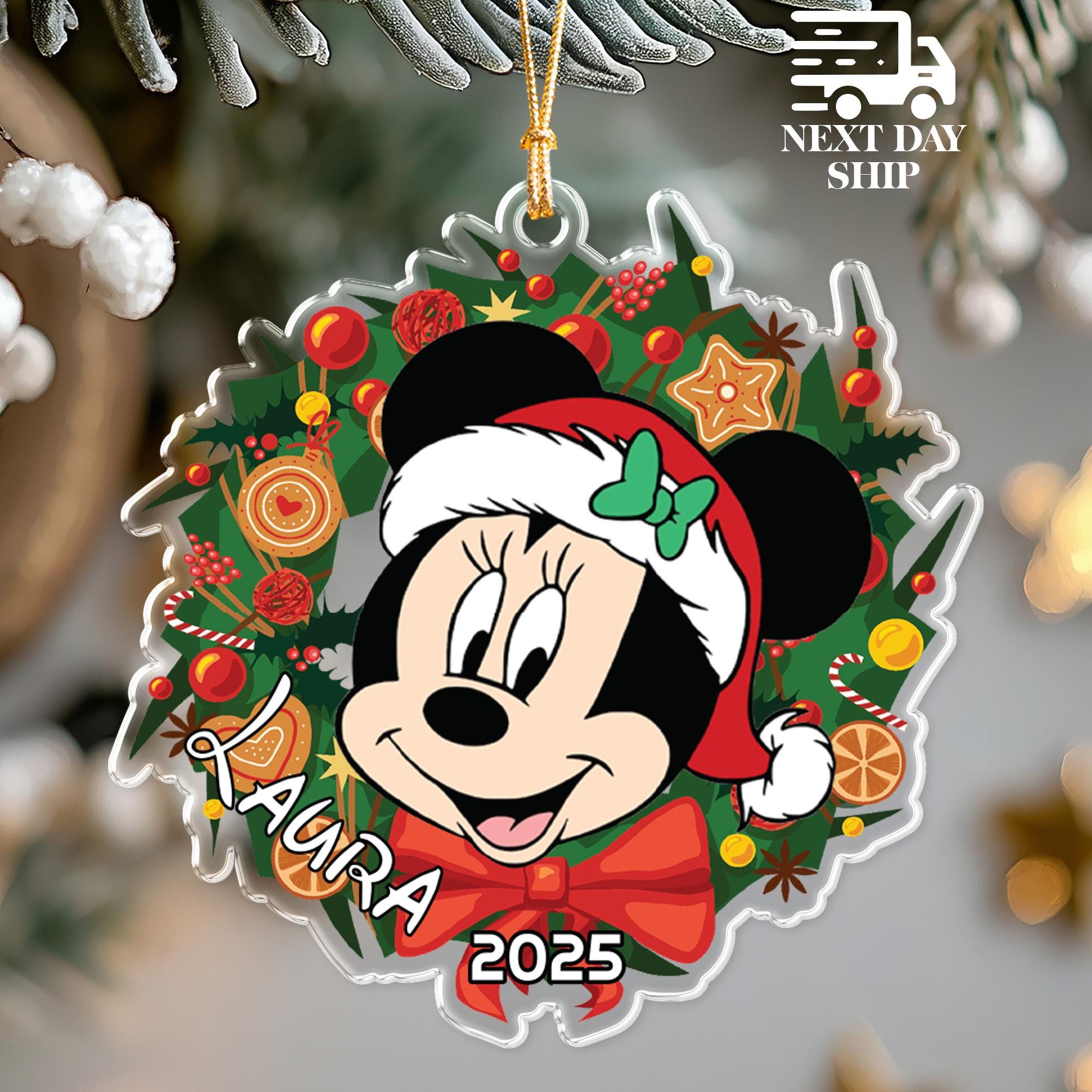 Minnie Mouse Disney Christmas Wreath Ornament, Custom Name Acrylic Decoration, Holiday Gift for Boy or Girl, Gift For Grandchildren
