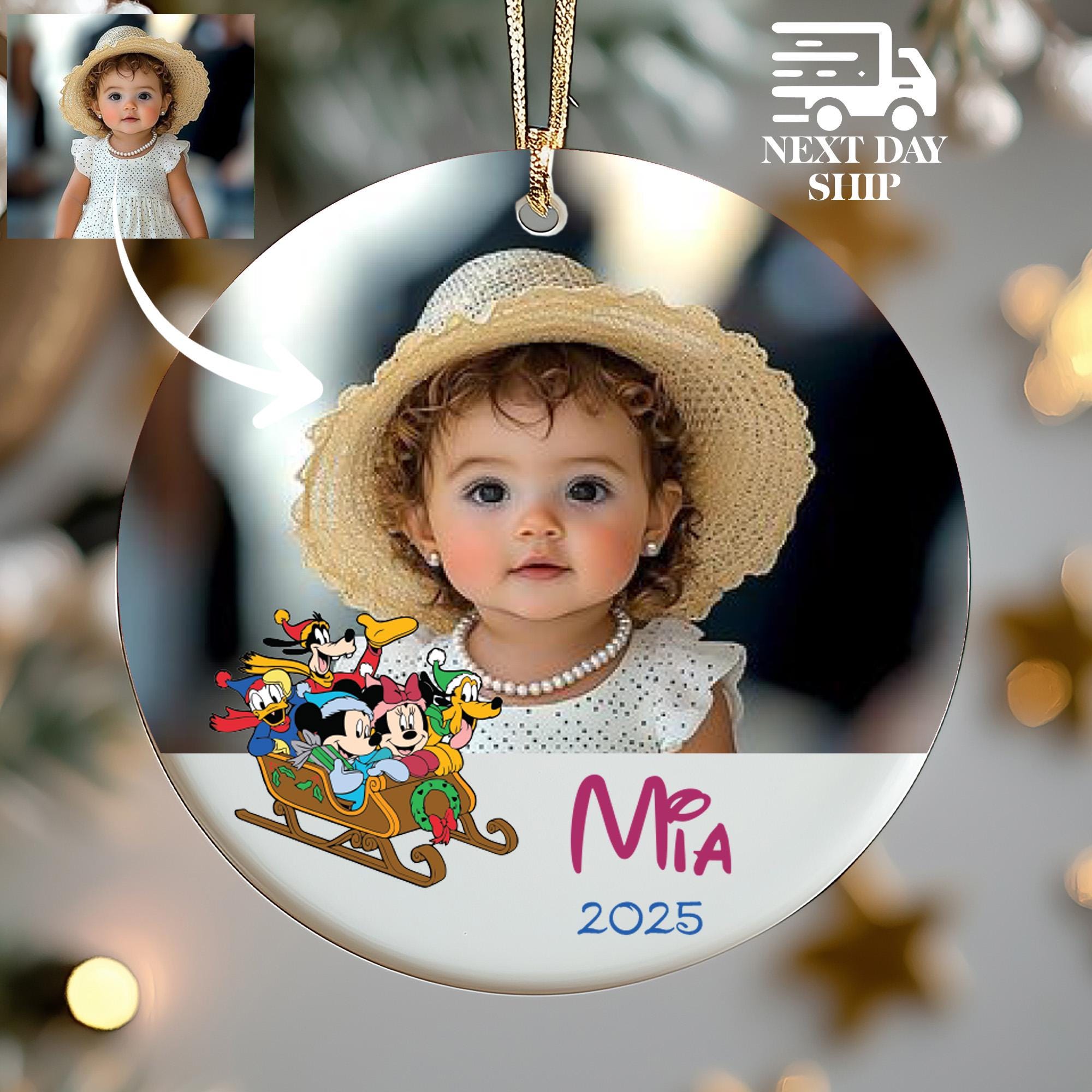 Personalized Christmas Photo Ornament 2025, Custom Picture Gift with Cute Holiday Sleigh, Kids Photo Keepsake, Baby Christmas Decoration