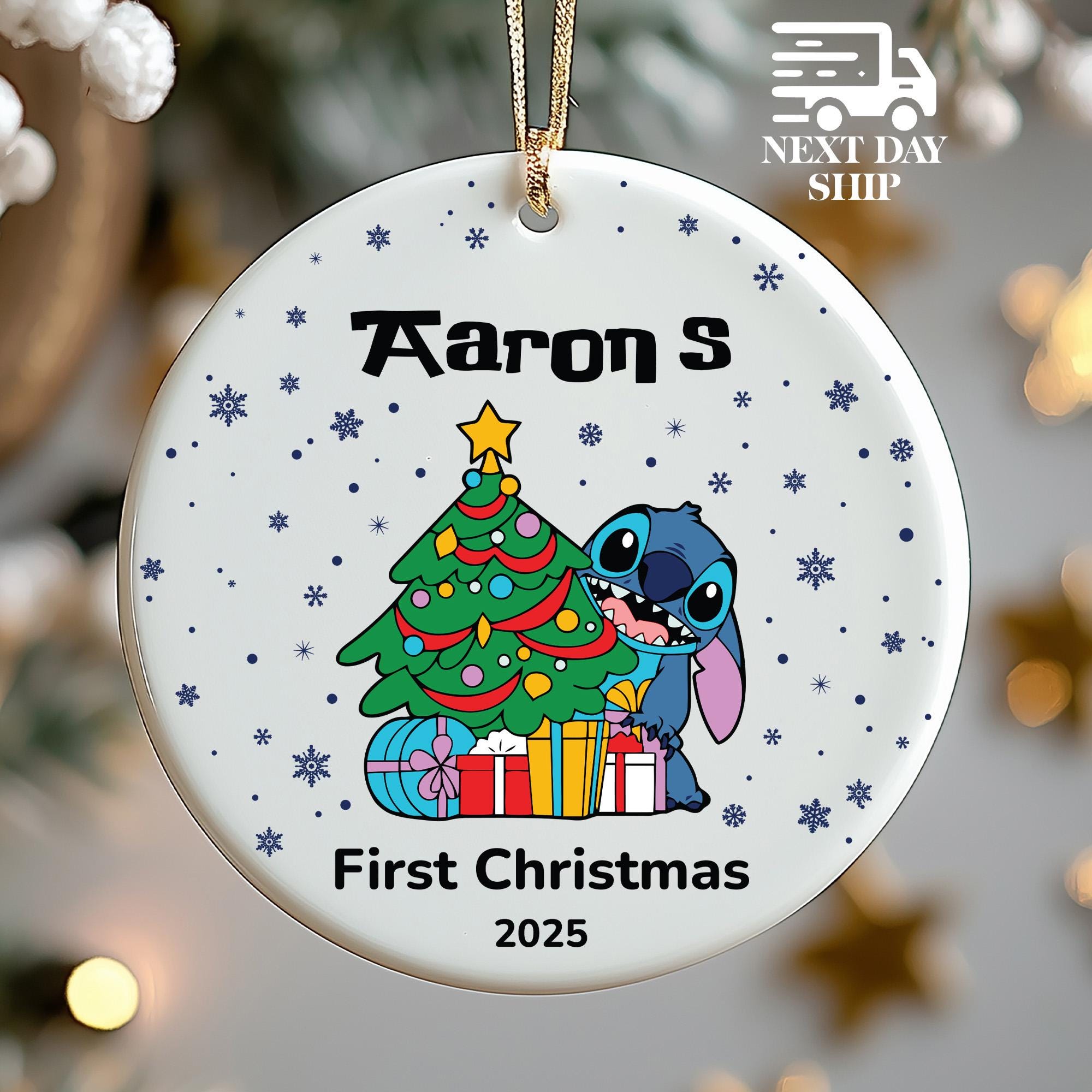 Funny Stitch Name Ornament, First Christmas Keepsake for Baby, Personalized Xmas Decor, Acrylic Ceramic Glass Round Heart New Year Ornament
