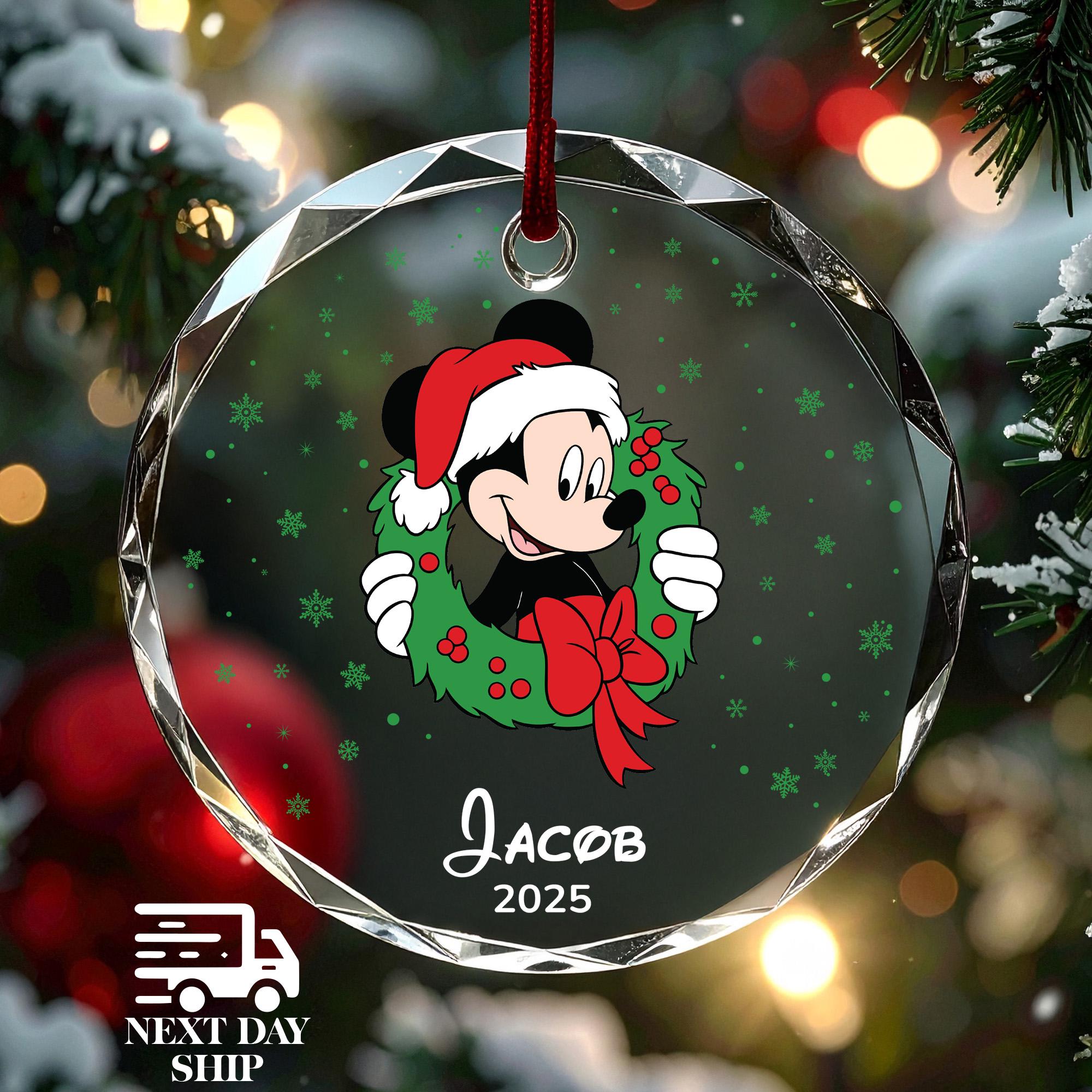 Mickey Mouse Christmas Wreath Ornament with Name, Personalized Name Xmas Ornament, Disney Lover Keepsake, Holiday Ornament Decor 2025
