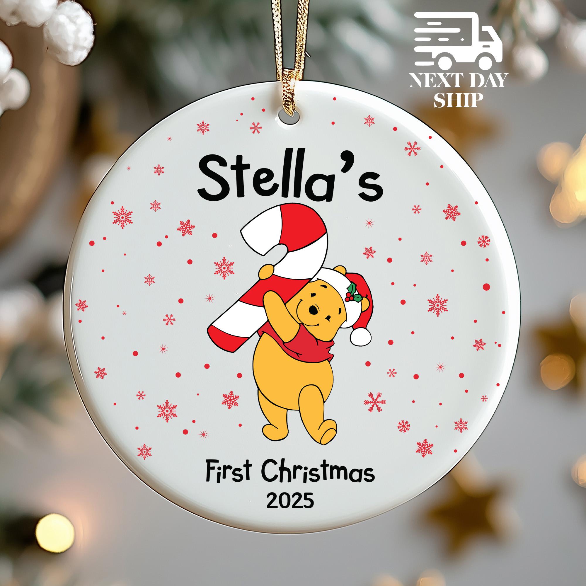 Personalized Disney Winnie the Pooh Baby’s First Christmas Ornament 2025 • Custom Pooh Bear Candy Cane Ornament • Newborn Keepsake Gift