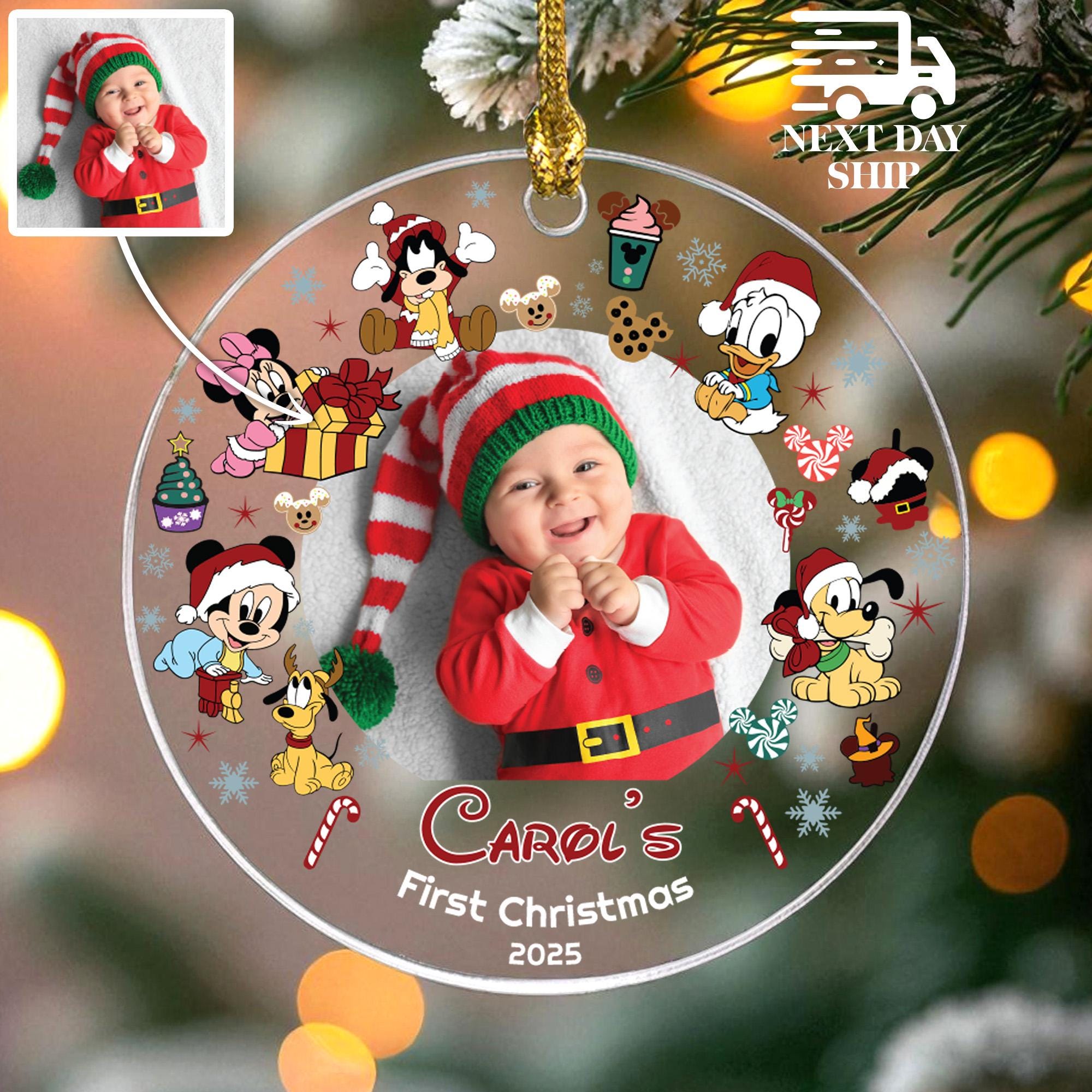 Custom Name Photo Baby’s First Christmas Ornament, Mickey & Friends Keepsake, Gift For Newborn, Gift for New Parents, Grandchildren Gift