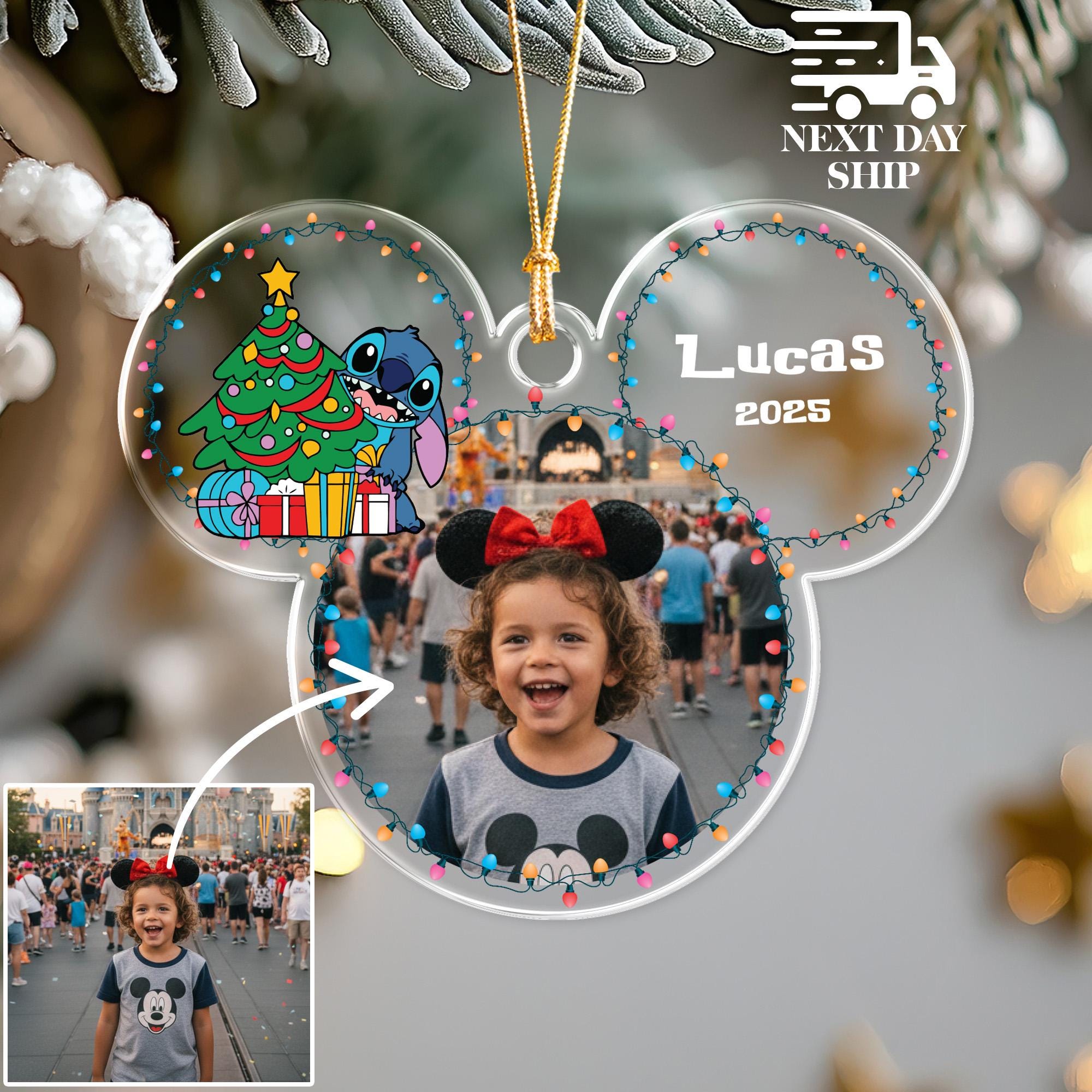 Personalized Kids Photo Disney Ornament, Family Disney Trip Name Ornament, Stitch Ornament, Custom Acrylic Picture Ornament, Disney Gifts
