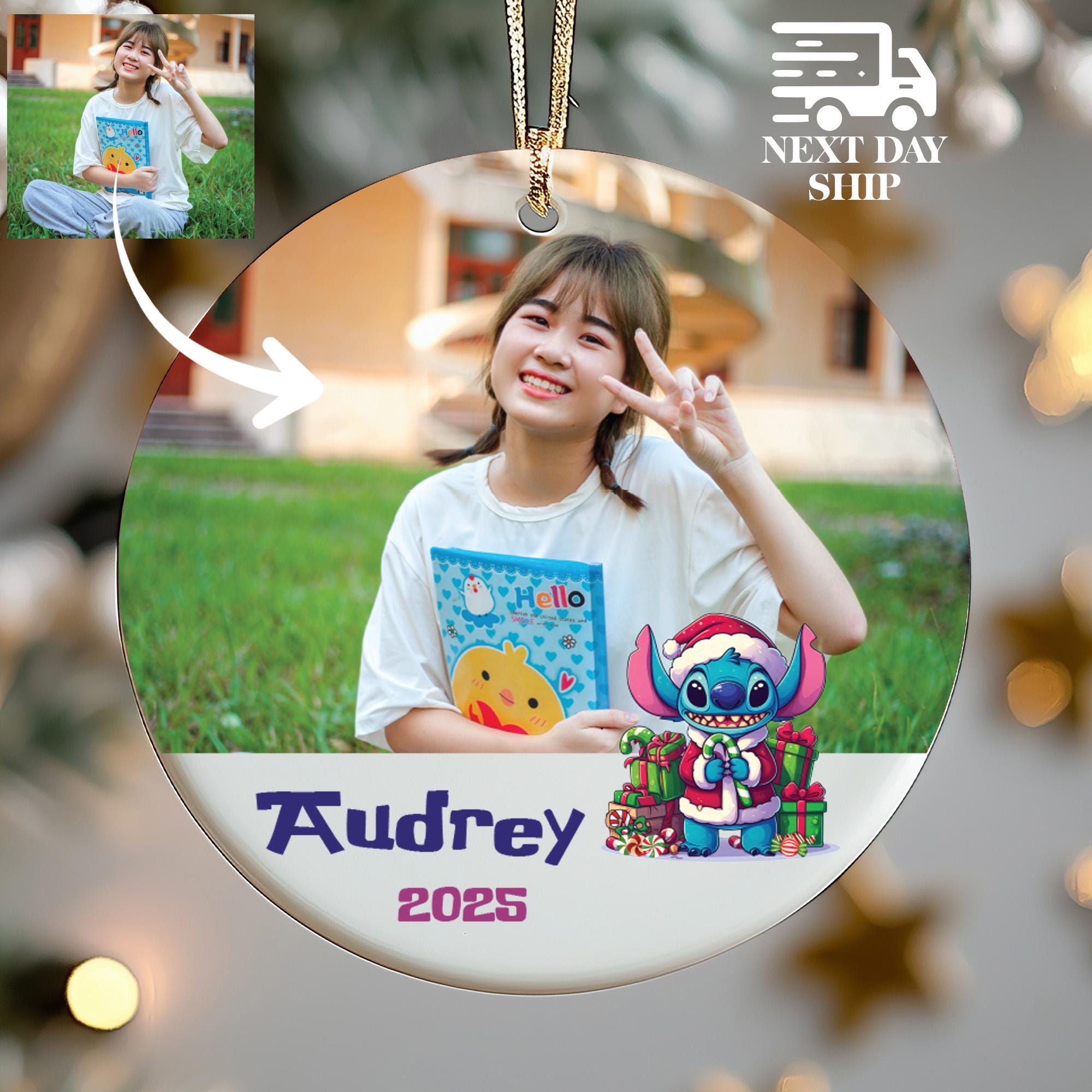 Personalized Stitch Lover Keepsake, Custom  Photo and Name 2025 Ornament, Disney Family Photo Ornament, Santa Stitch Ornament, Holiday Decor