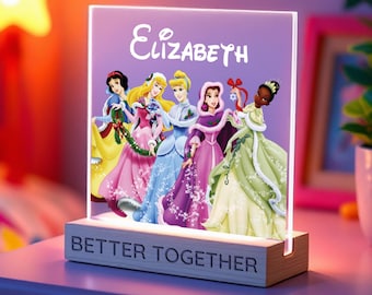Lámpara de noche de princesa personalizada, decoración para habitación infantil, luz LED grabada, regalo de cuento de hadas, lámpara de dormitorio con temática real, lámpara con nombre personalizado para ella.
