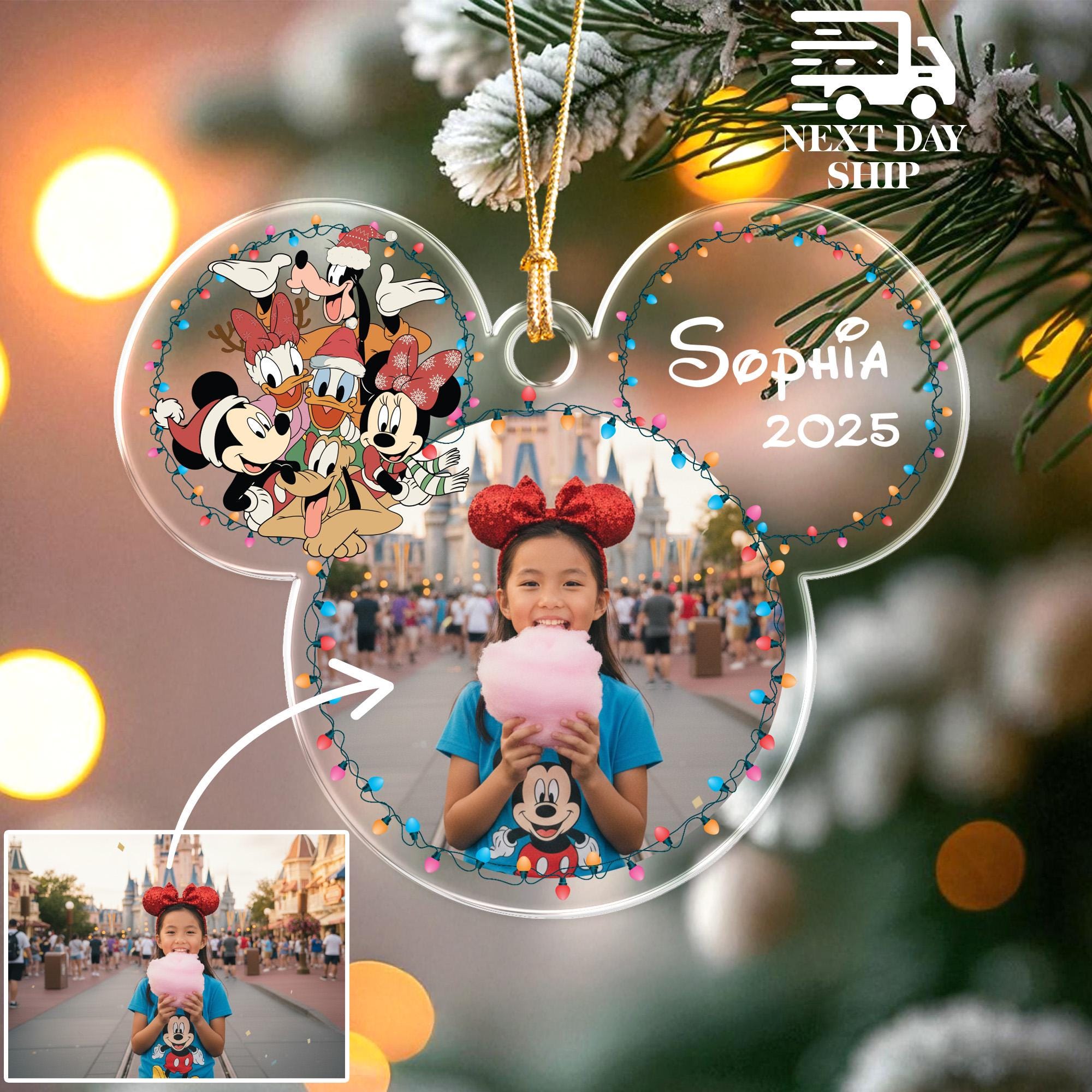 Custom Disney Ears Photo Ornament, Personalized 2026 Disney Keepsake, Acrylic Picture Ornament, Kids or Adult Xmas Keepsake, Mickey Ornament