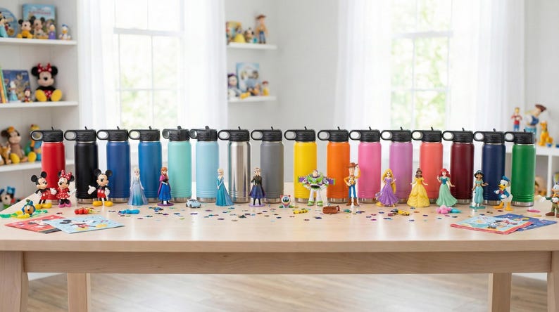 Puede incluir: Una colecci&oacute;n de botellas de agua aisladas en varios colores, cada una con una tapa negra. Las botellas est&aacute;n dispuestas sobre una mesa de madera, acompa&ntilde;adas de figuras de personajes de Disney y confeti colorido. Las botellas miden unos 25 cm de alto.