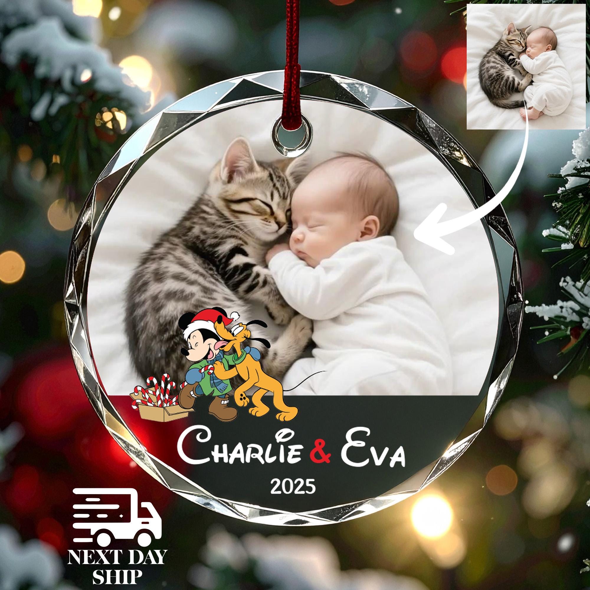 Personalized Christmas Photo Ornament, Custom Baby & Pet Picture Gift with Mickey Pluto Design, Cute Holiday Keepsake, Custom Name Ornament