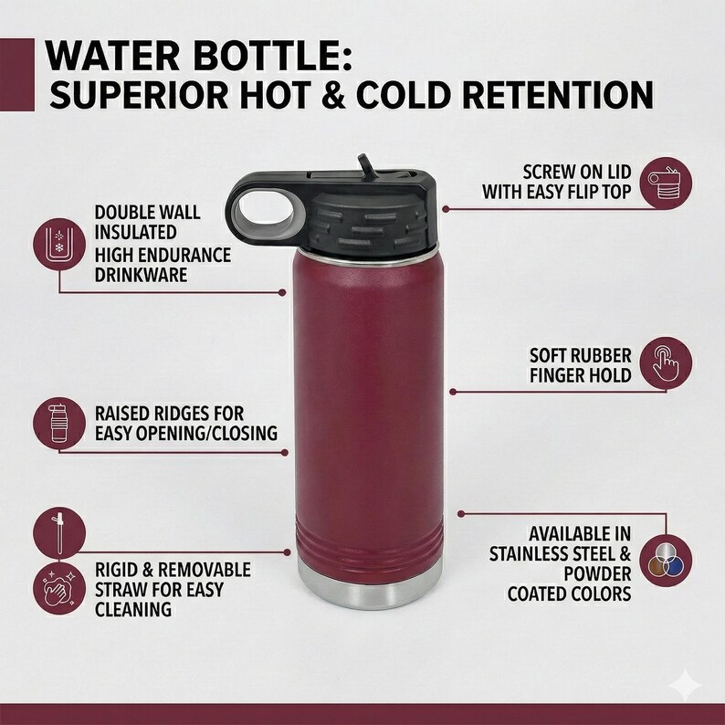 Puede incluir: Una botella de agua aislada de color granate con tapa negra y base plateada. La botella tiene una tapa de rosca con tapa abatible f&aacute;cil, un agarre suave de goma para los dedos y una pajita r&iacute;gida y extra&iacute;ble. El texto dice: "Water Bottle: Superior Hot & Cold Retention."