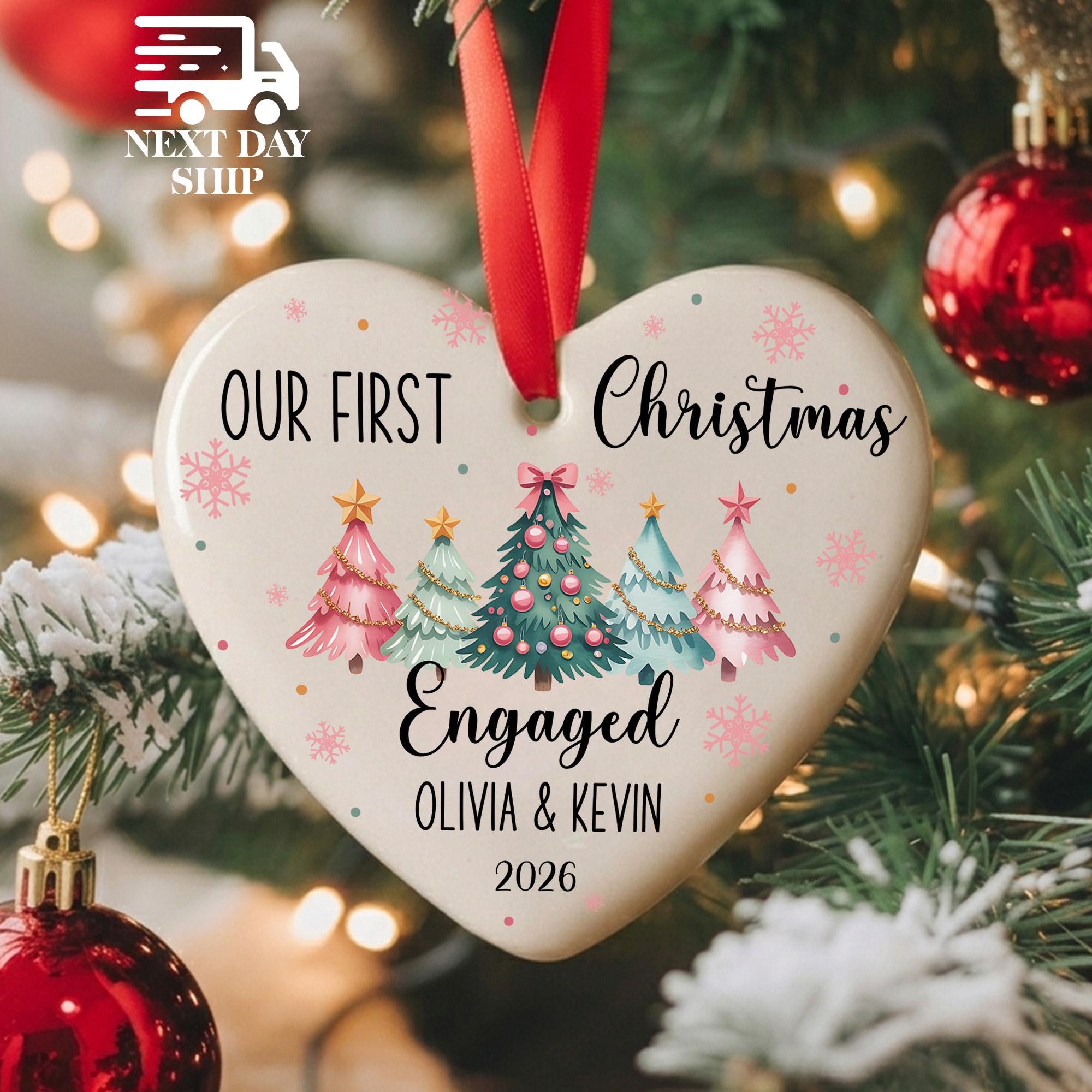 Our First Christmas Engaged Ornament, Personalized Engagement Christmas Ornament, Custom Couple Gift, Acrylic Ceramic Glass Keepsake