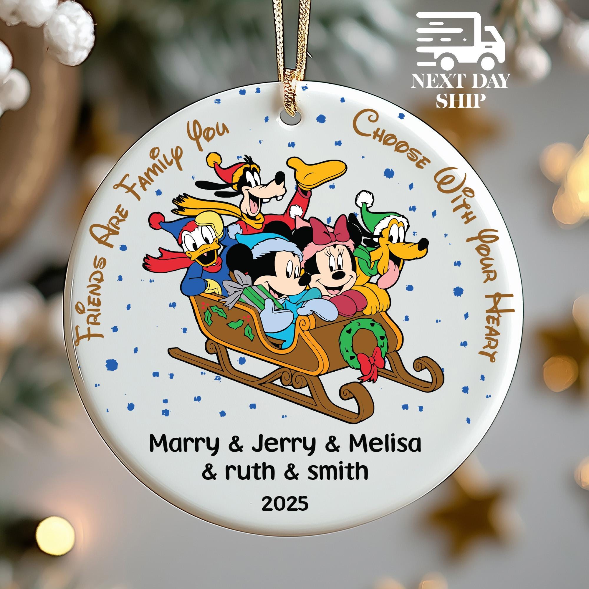 Personalized Friends Christmas Ornament 2025, Custom Name Sleigh Ornament with Mickey Minnie Donald Goofy Pluto, Best Friends Holiday Gift