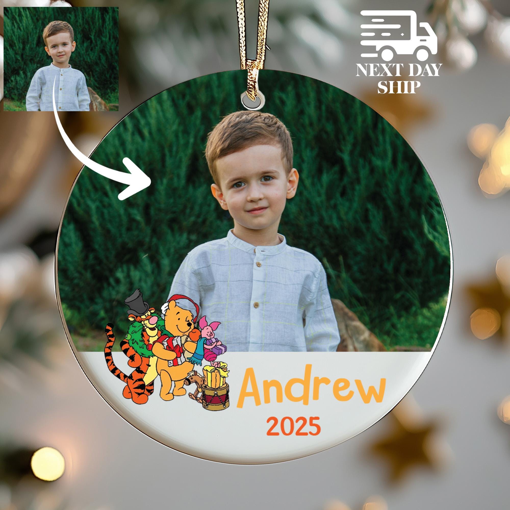 Custom Kids Photo Christmas Ornament, Winnie the Pooh Lover Picture Keepsake, Personalized Name and Year Ornament Ceramic Glass Acrylic