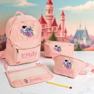 May include: A set of pink travel bags and accessories featuring a cartoon character design. The set includes a backpack, a cosmetic bag, a fanny pack, and a pencil case. Each item has the name "Emily" printed on it.