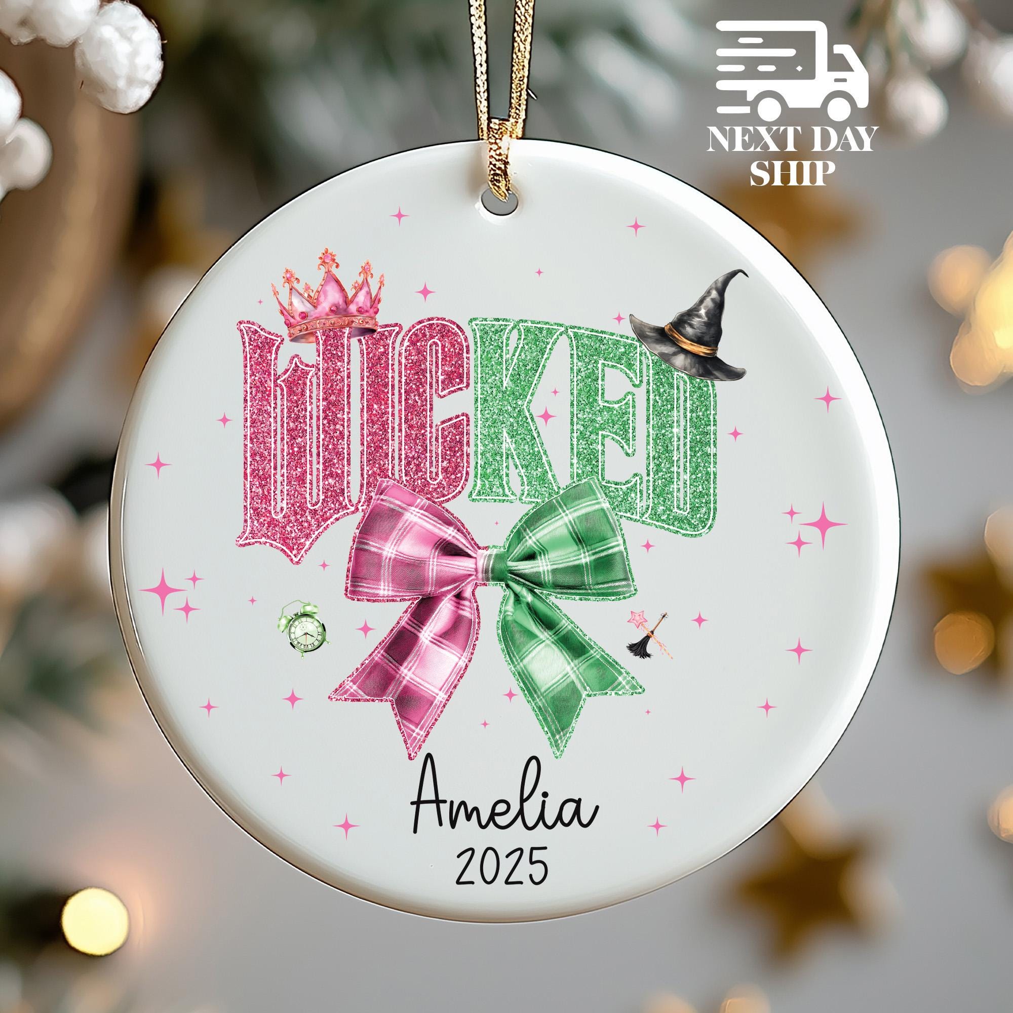 Pink and Green Coquette Wicked Ornament, Christmas Wicked Ornament, Custom Holiday Gifts For Her, Personalized Name Ornament, Witches Of Oz