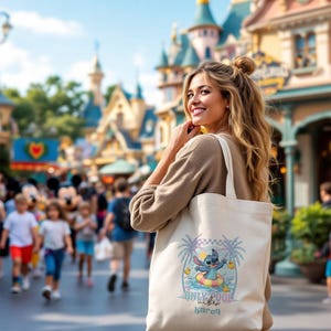 May include: A beige canvas tote bag featuring a colorful graphic of Stitch from Lilo & Stitch in a pool floatie, with palm trees and the text "Only Pool Vibes Karen". The bag is carried by a person in a theme park.