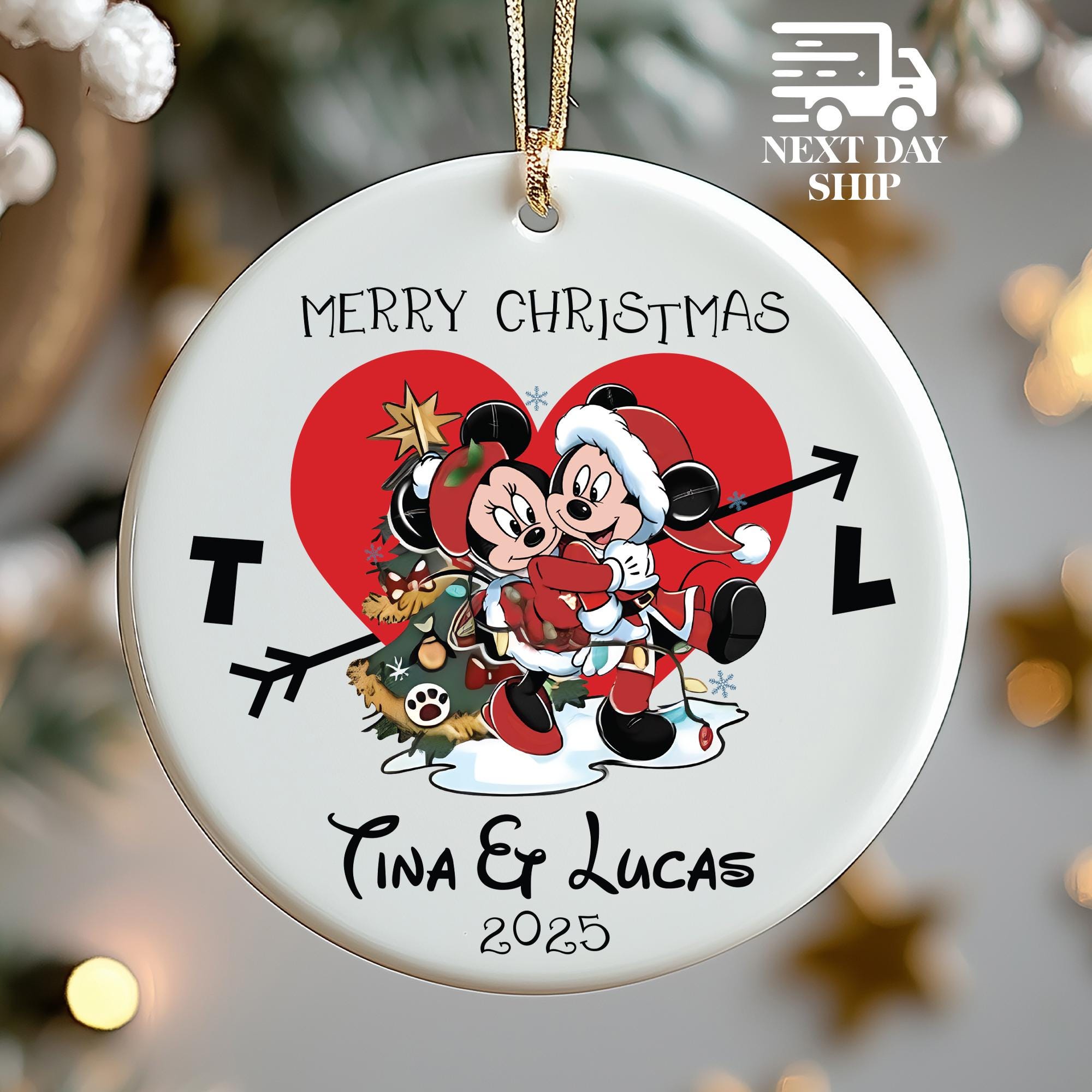 Disney Merry Christmas Custom Name Ornament, Personalized Disney Gift For Holiday, Cute Couple Ornament, Christmas Mickey Minnie Couple
