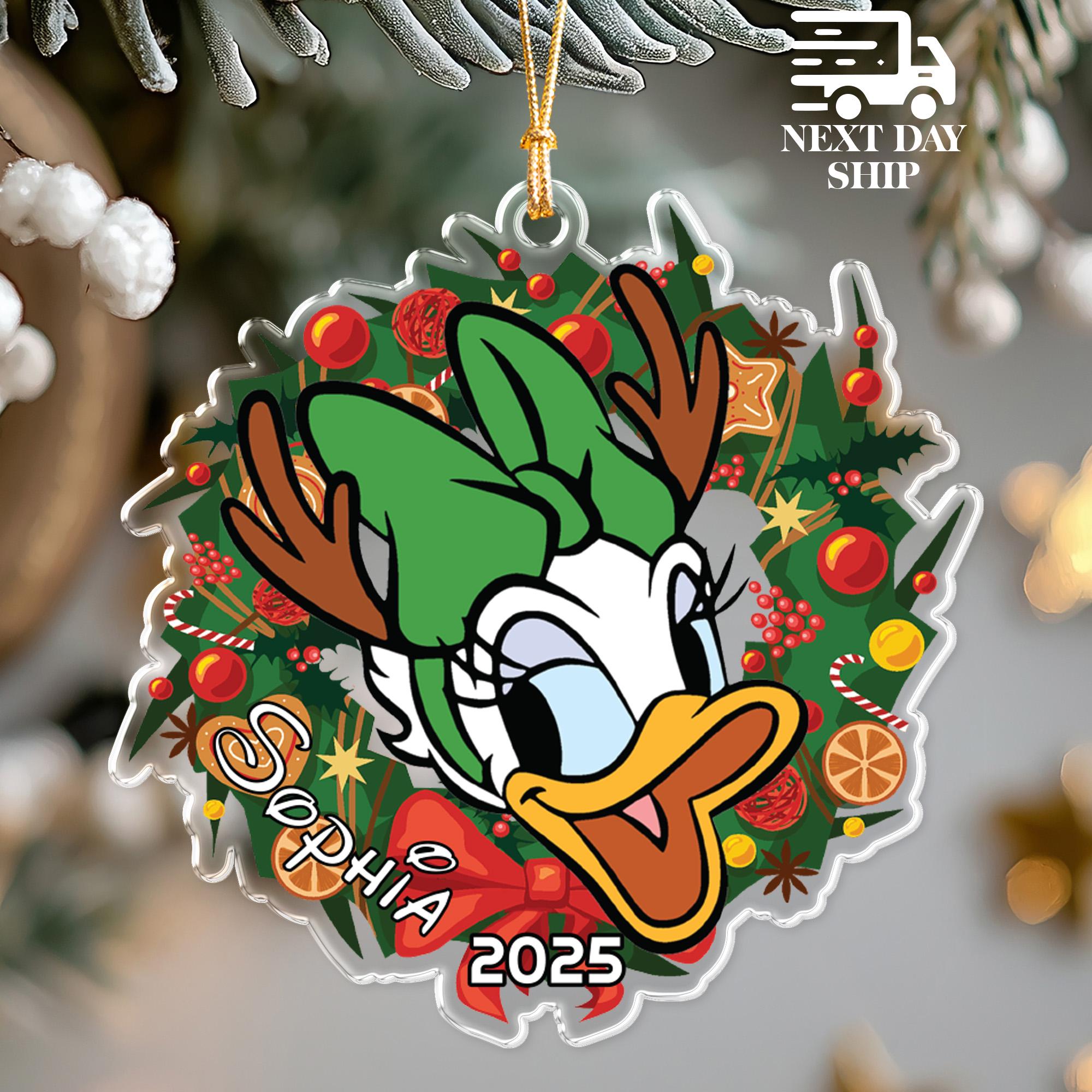 Daisy Duck Disney Christmas Wreath Ornament, Custom Name Decoration, Christmas New Year Keepsake for Kid, Grandchildren Gift
