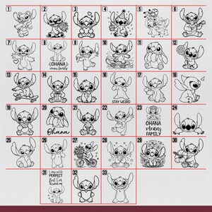 Puede incluir: Una colecci&oacute;n de ilustraciones en blanco y negro del personaje Stitch de la pel&iacute;cula Lilo & Stitch. Las im&aacute;genes muestran a Stitch en varias poses, sosteniendo objetos y con texto como "Ohana means family".