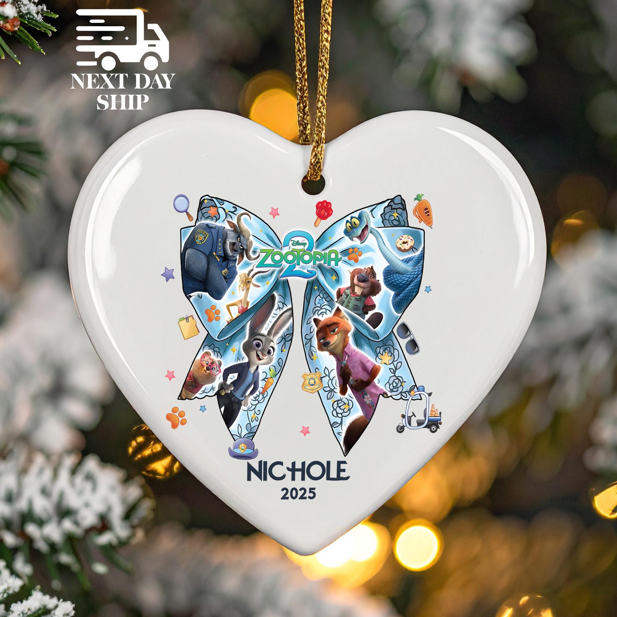 Zootopia 2 Christmas Bow Ornament, Judy Hopps and Nick Wilde Ornament, Personalized Name and Year, Cute Movie Holiday Gift 2025 for Kids