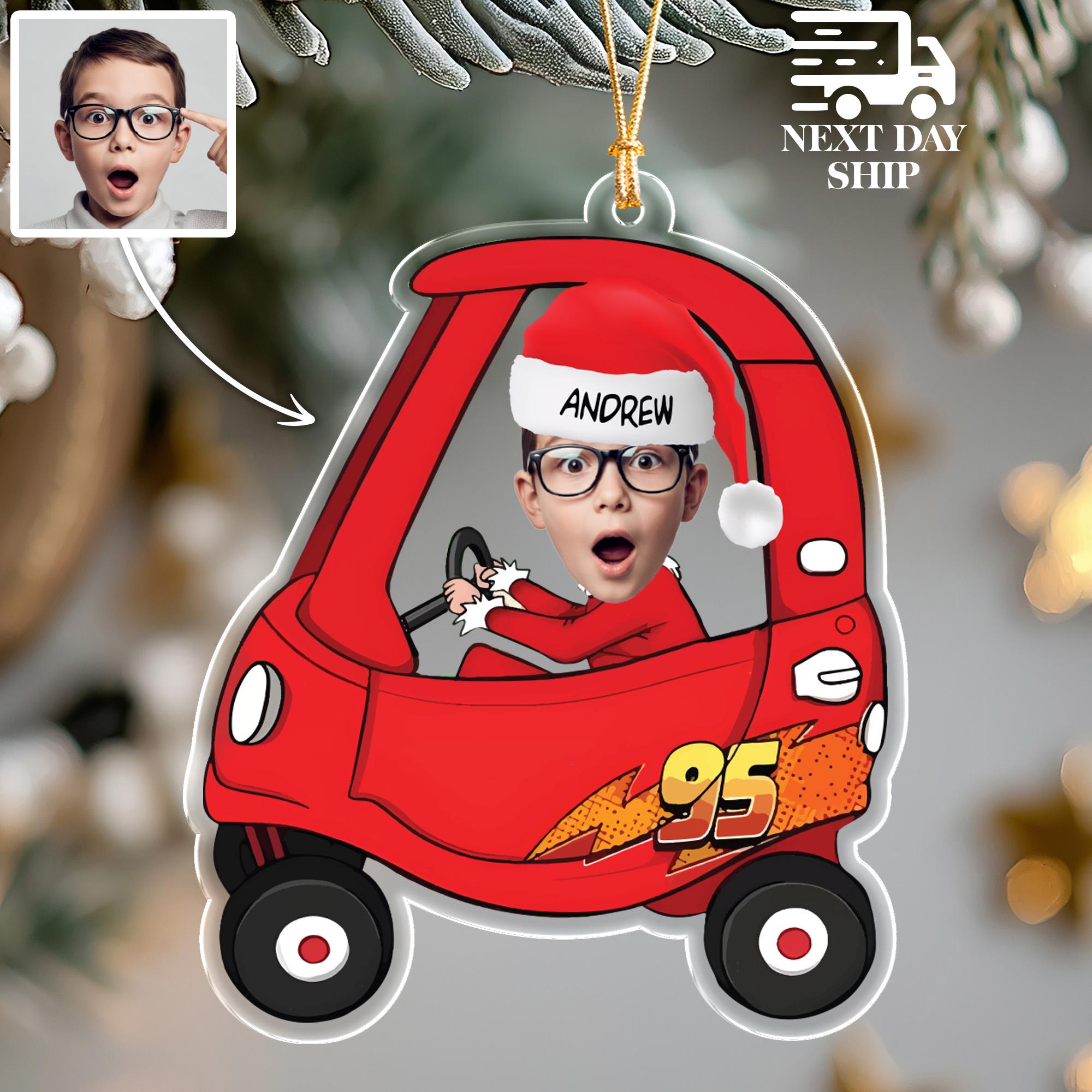 Custom Photo And Name Ornament for Christmas Tree, Kid Photo Decoration, Red Toy Car Christmas Gift, Cute Holiday Gift for Boy or Girl