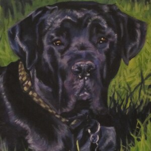 May include: A painting of a black dog with a gold-coloured collar, set against a backdrop of green grass. The dog's dark fur contrasts with the bright green of the grass, creating a striking visual. The dog's eyes are focused, and the overall impression is one of calm and alertness.