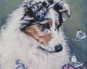 Rough COLLIE Dog Portrait art print of LaShepard painting 8x10" flowers and butterflies