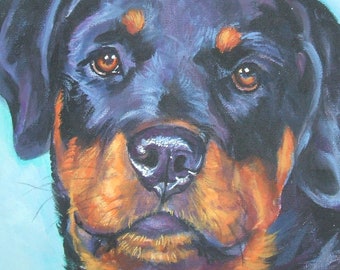 May include: A close-up painting of a Rottweiler dog's face. The dog has a black coat with brown markings around the muzzle, eyes, and above the eyes. The eyes are brown, and the background is a light blue.