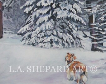 Rauer Collie Hund KUNSTDRUCK von LAShepard Malerei Winterszene 20x30