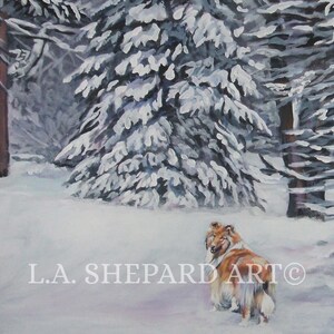 May include: An oil painting depicts a snowy forest scene with a collie dog. The trees are covered in snow, and the dog has a brown and white coat. The text "L.A. SHEPARD ART" is at the bottom.
