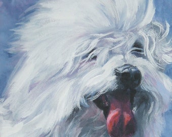May include: A painting of a white dog with fluffy fur and a red tongue. The dog's face is the focal point, with the artist's signature, "L.A. SHEPARD ART", at the bottom. The background is a soft blue.