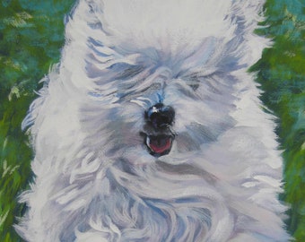 May include: An oil painting of a fluffy white dog running towards the viewer, set against a backdrop of green grass. The dog's mouth is open, revealing a pink tongue. The artist's signature, "L.A. SHEPARD ART", is visible in the bottom right corner.
